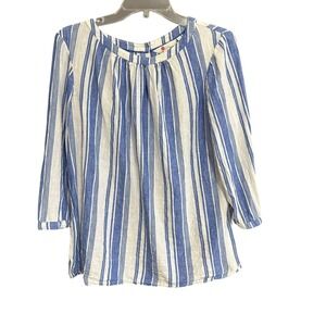 Boden Blue White Striped Linen Tunic Top Sz 10 Women 3/4 Sleeve Coastal Cottage